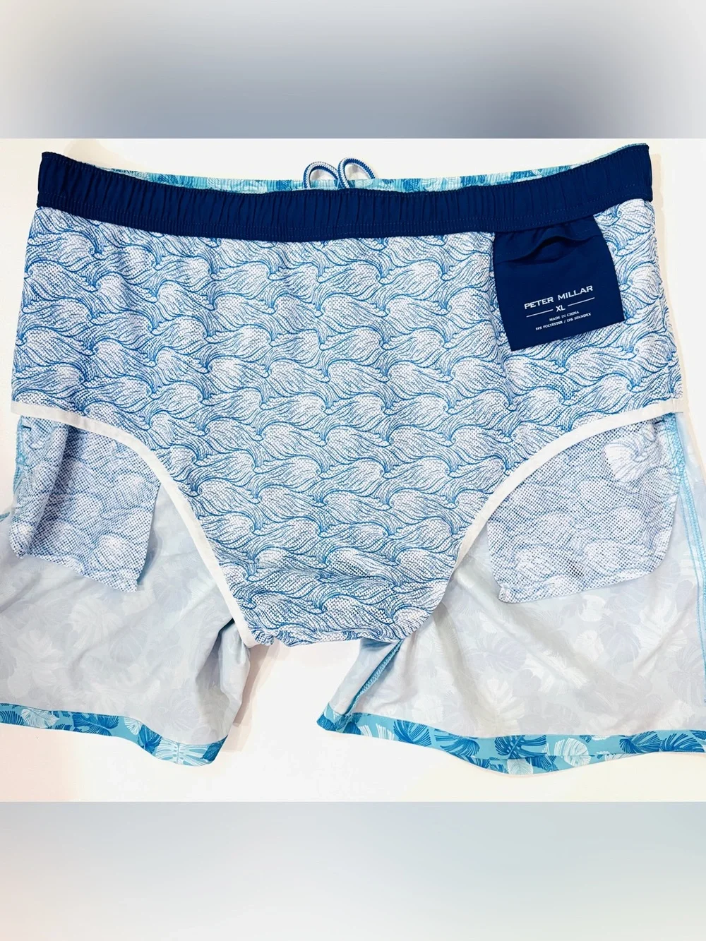 Peter Millar Crown Linework Monstera Swim Trunks XL Blue 7” Stretch Lined